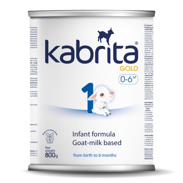 Kabrita Gold 1 dirbtiniai sausas pieno mišinys iš ožkos pieno pagrindo , skirtas patogiam virškinimui 0–6 mėnesių vaikams.