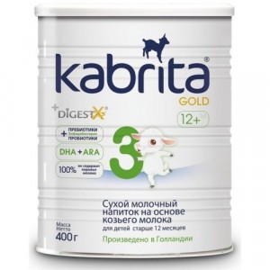 Kabrita Gold 3 sausi pieno gėrimas iš ožkos pieno pagrindu , skirtas patogesniam virškinimui vyresniems nei vienerių metų vaikams. (nuo 12 mėn)