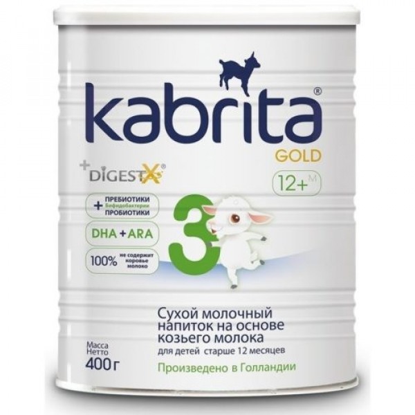 Kabrita Gold 3 sausi pieno gėrimas iš ožkos pieno pagrindu , skirtas patogesniam virškinimui vyresniems nei vienerių metų vaikams. (nuo 12 mėn)