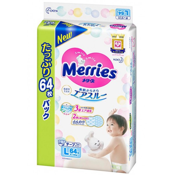 Sauskelnės Merries L 9-14 kg 64 pc